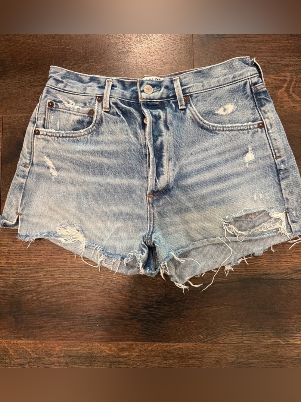 Agolde Light Blue Distressed High-Waist Jean Shorts Size 28